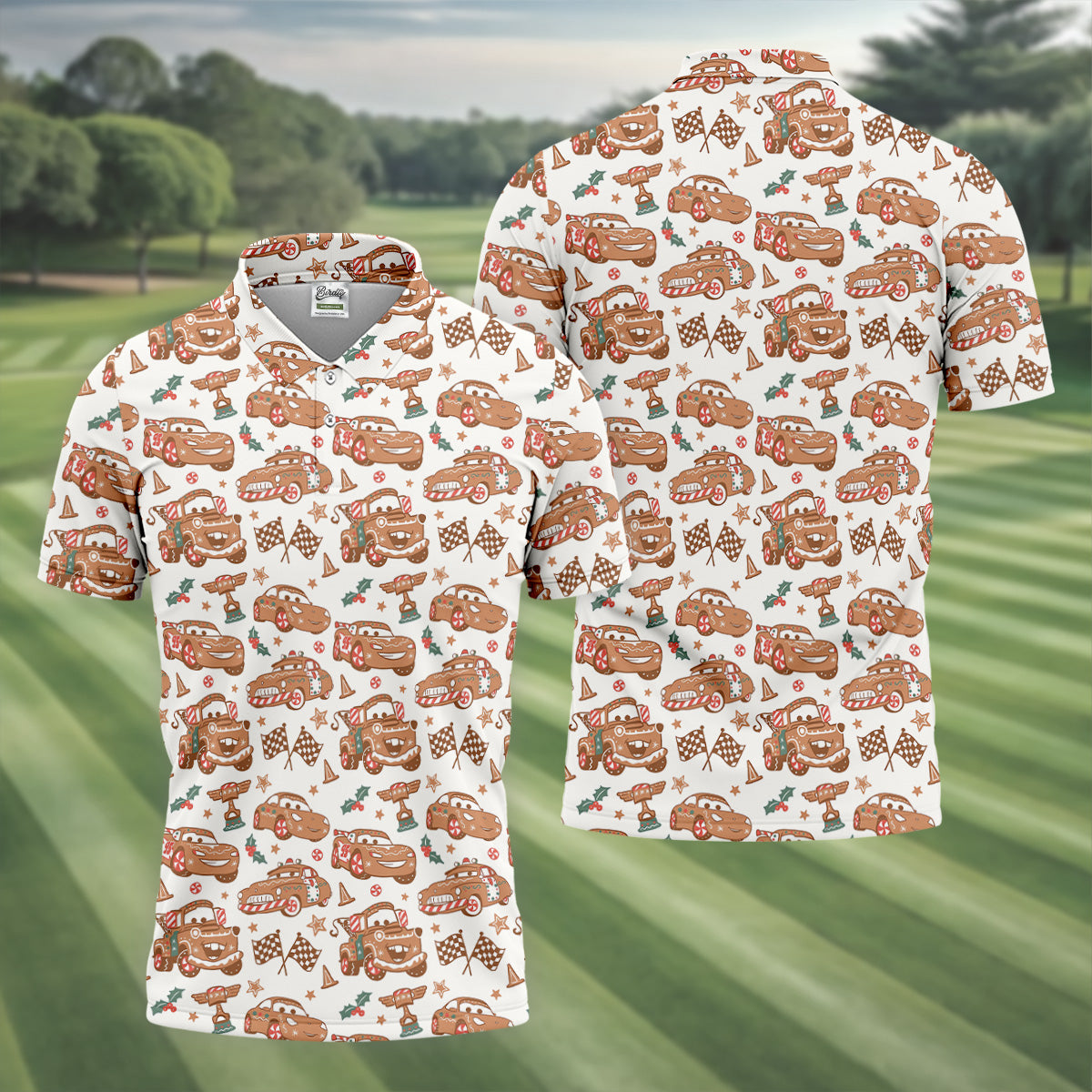 Funny Christmas Animation Car Polo ShirtFor Men, Christmas Golf Shirt, Golf Gift For Men, Christmas Golf Shirt