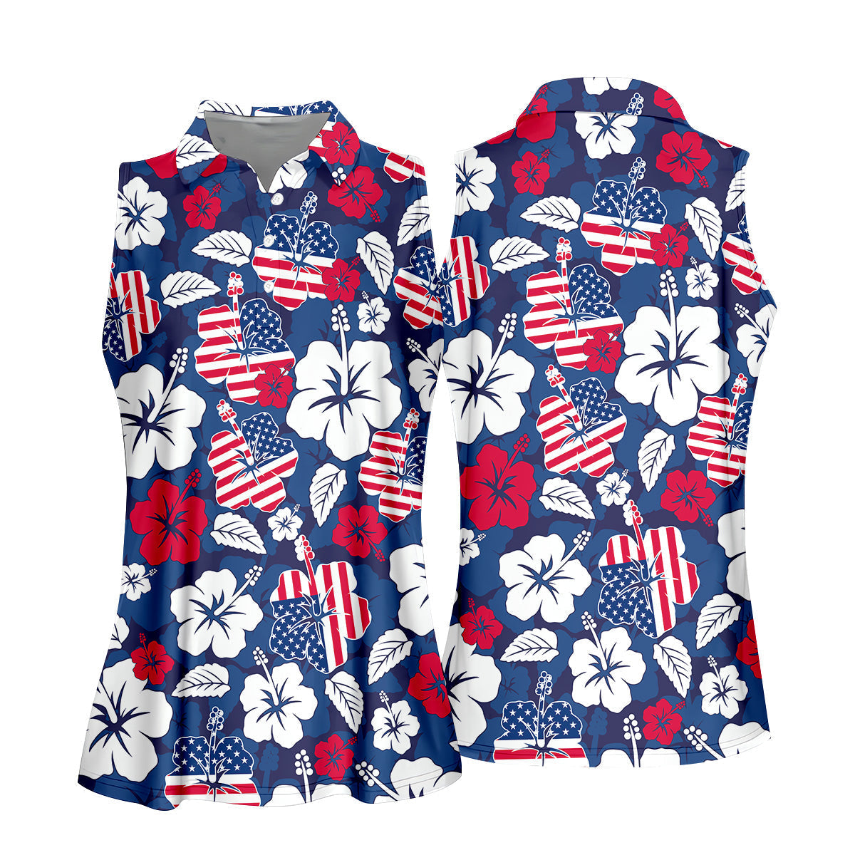 Tropical Hibiscus American Flag Womens Golf Polo Shirt, 4th Of July Shirts, US 250 Anniversary Ladies Golf Shirt