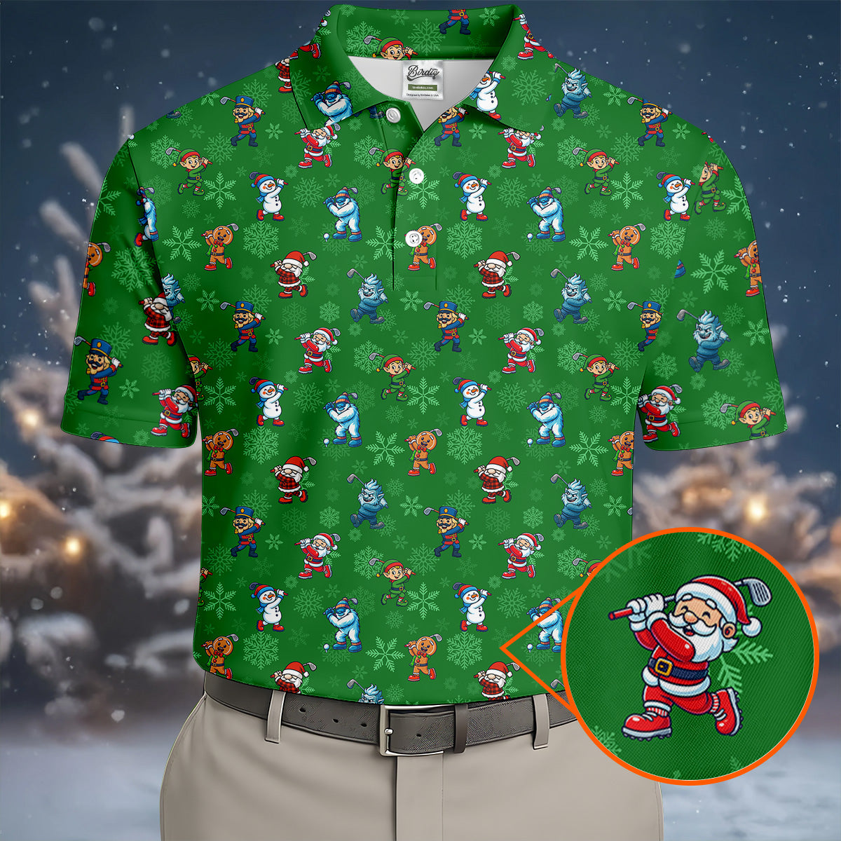 Funny Christmas Characters Golf Pose Green Golf Shirt, Christmas Golf Shirt, Polo ShirtFor Men