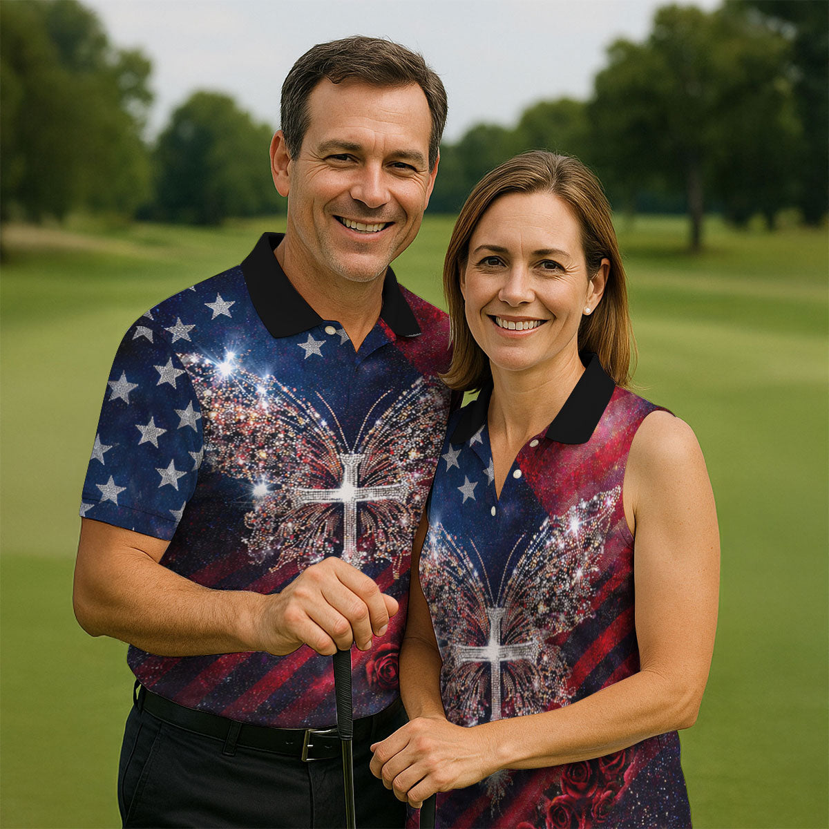 Vintage Faith Rhinestone Butterfly American Flag Golf Shirt, 250 Years Patriotic 4th Of July Golf Shirts For Men