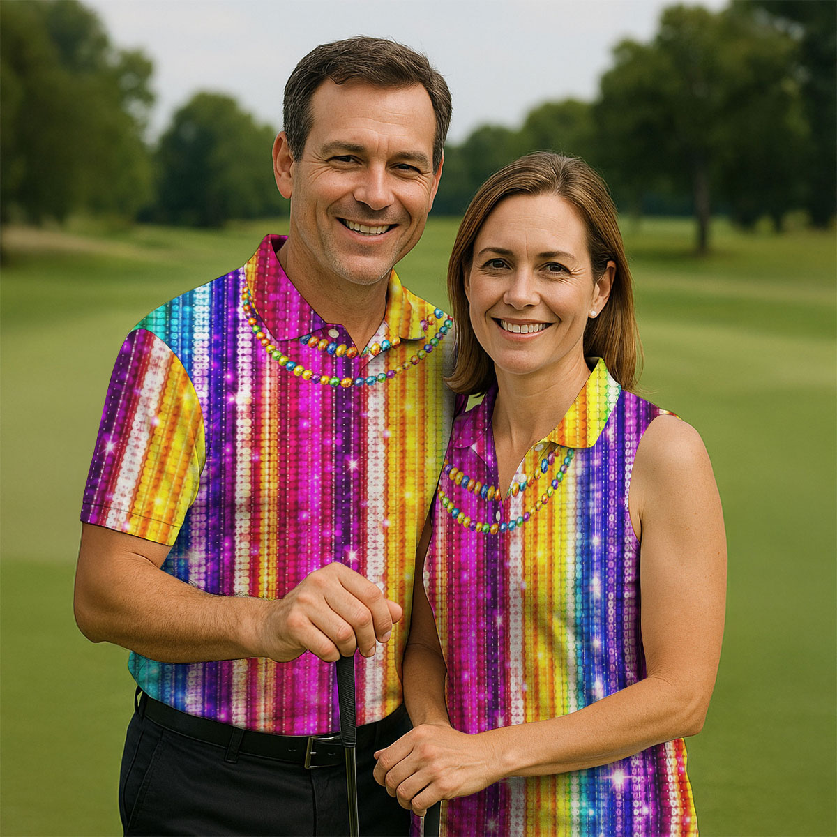 Mardi Gras Sequinned Glitter Print Golf Tops For Men, Polo ShirtFor Men, Golf Shirts For Men