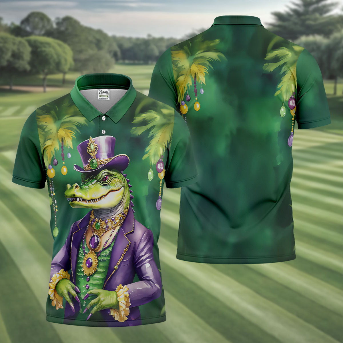 Mardi Gras Alligator Green Golf Shirt, Men's Funny Golf Shirts, Polo ShirtFor Men, Golf Shirts For Men