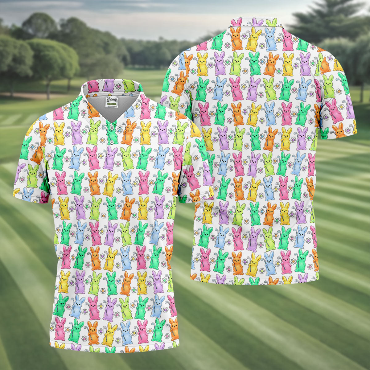 Colorful Easter Bunny White Golf Shirt, Cute Golf Outfit, Golf Shirts For Men, Golf Gift For Men