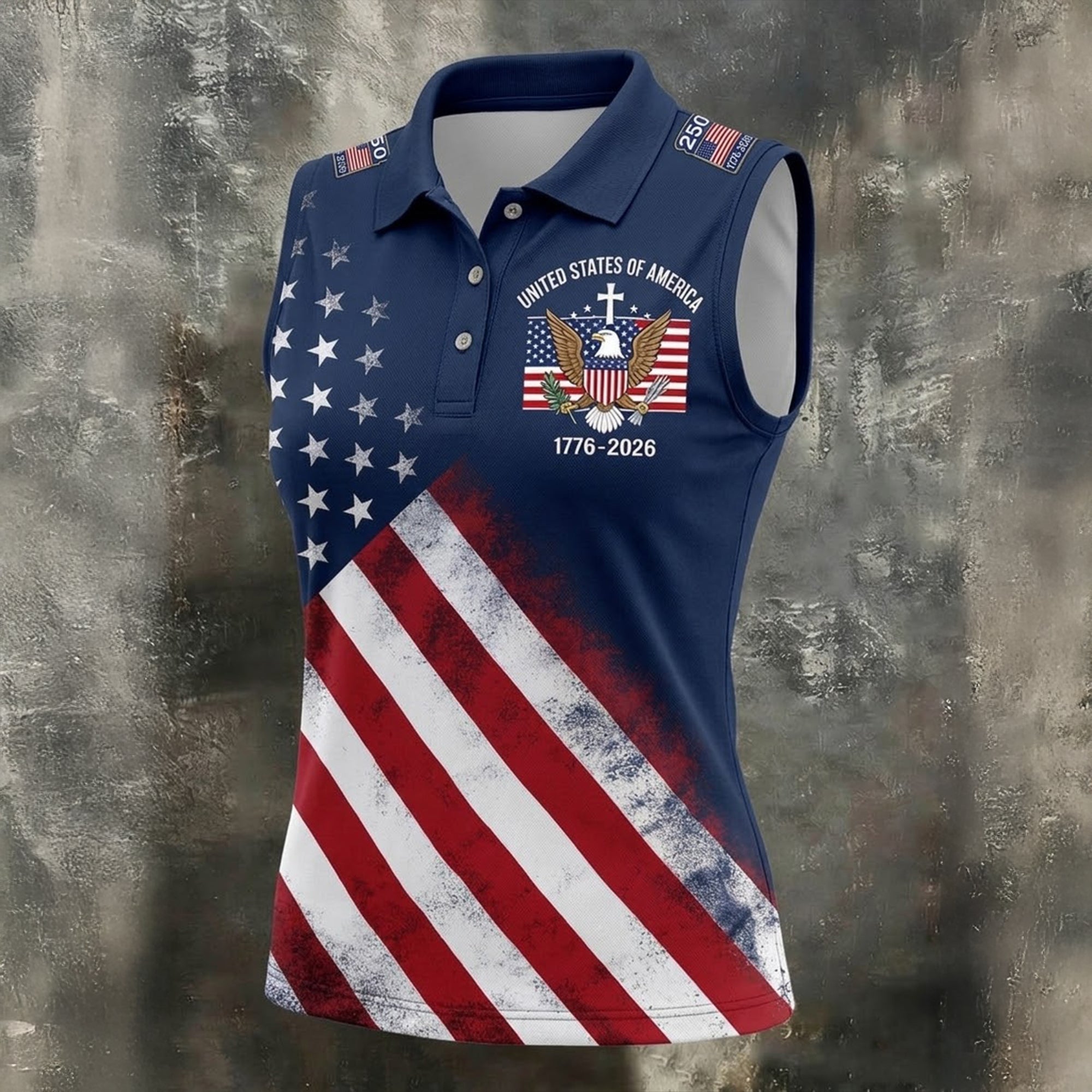 US Bald Eagle Distressed Flag 250 Faith Cross Ladies Golf Tops, Patriotic 4th Of July Golf Shirt For Women
