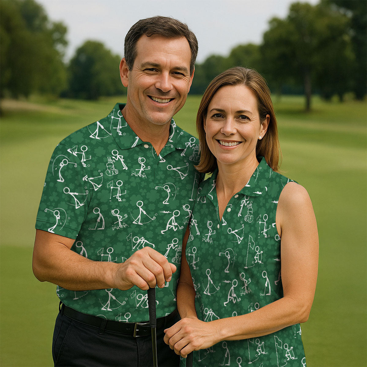 Stick Figure Golf Pose Shamrock Golf Shirt, St Patrick's Day Ladies Golf Polos, Golf Shirt For Women