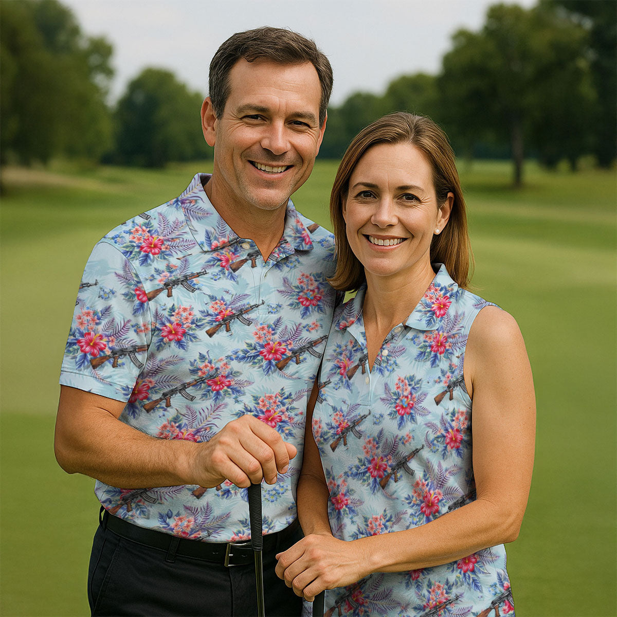 Hawaiian Floral Military Theme Light Blue Golf Shirt, Golf Shirts For Men, Polo ShirtFor Men