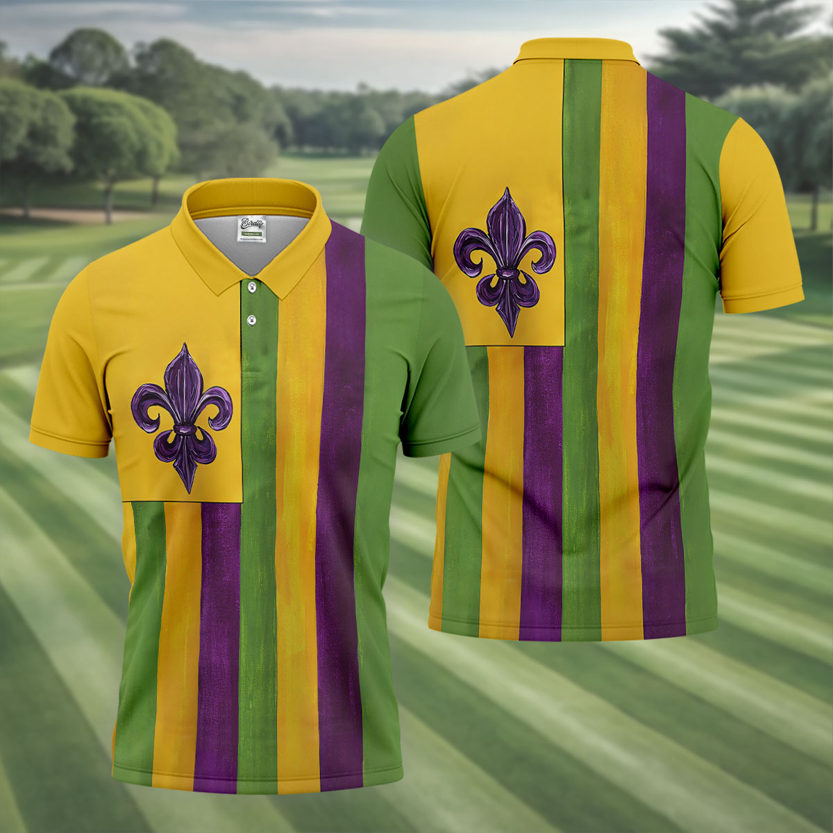 Purple Green Gold Vertical Stripes Fleur De Lis Flower Mardi Gras Golf Shirt, Polo ShirtFor Men, Golf Shirts For Men