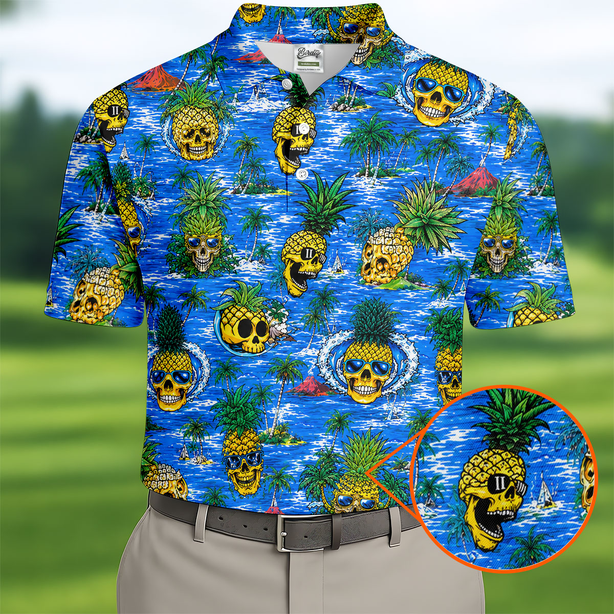 Pineapple Skull Golf Shirt, Tropical Island Volcano Pattern, Golf Shirt For Men