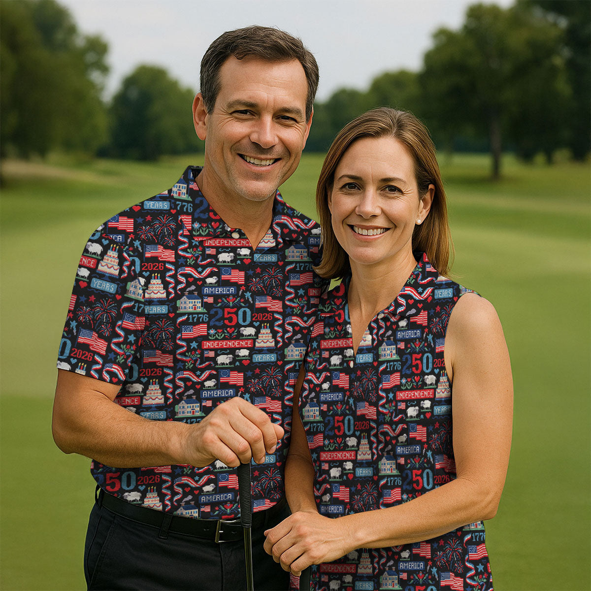 America Independence 250 Years Black Golf Shirt, Patriotic 4th Of July Golf Shirts For Men