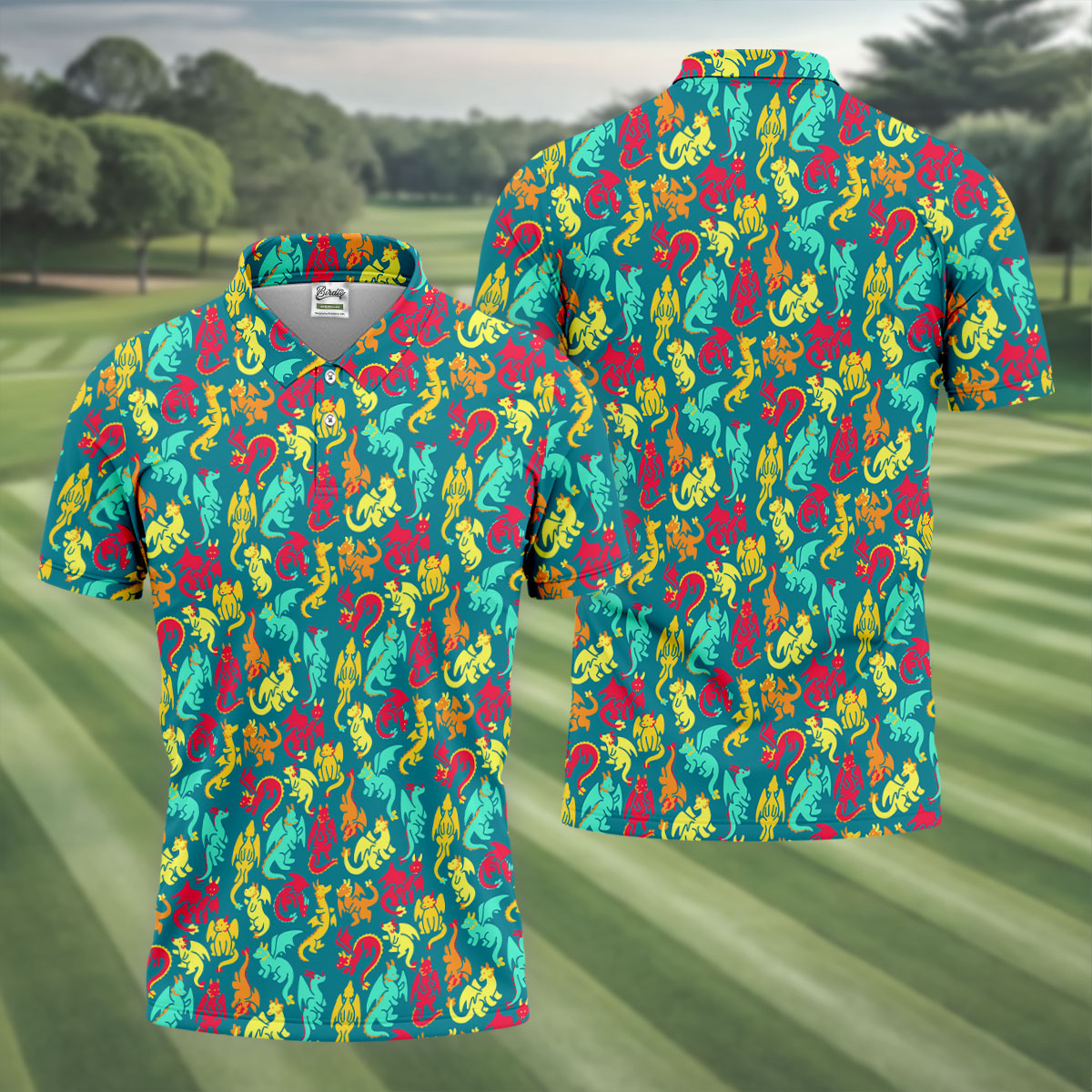 Cartoon Dragons Colorful Golf Shirt, Cute Golf Outfit, Polo Shirt Men, Golf Shirts For Men