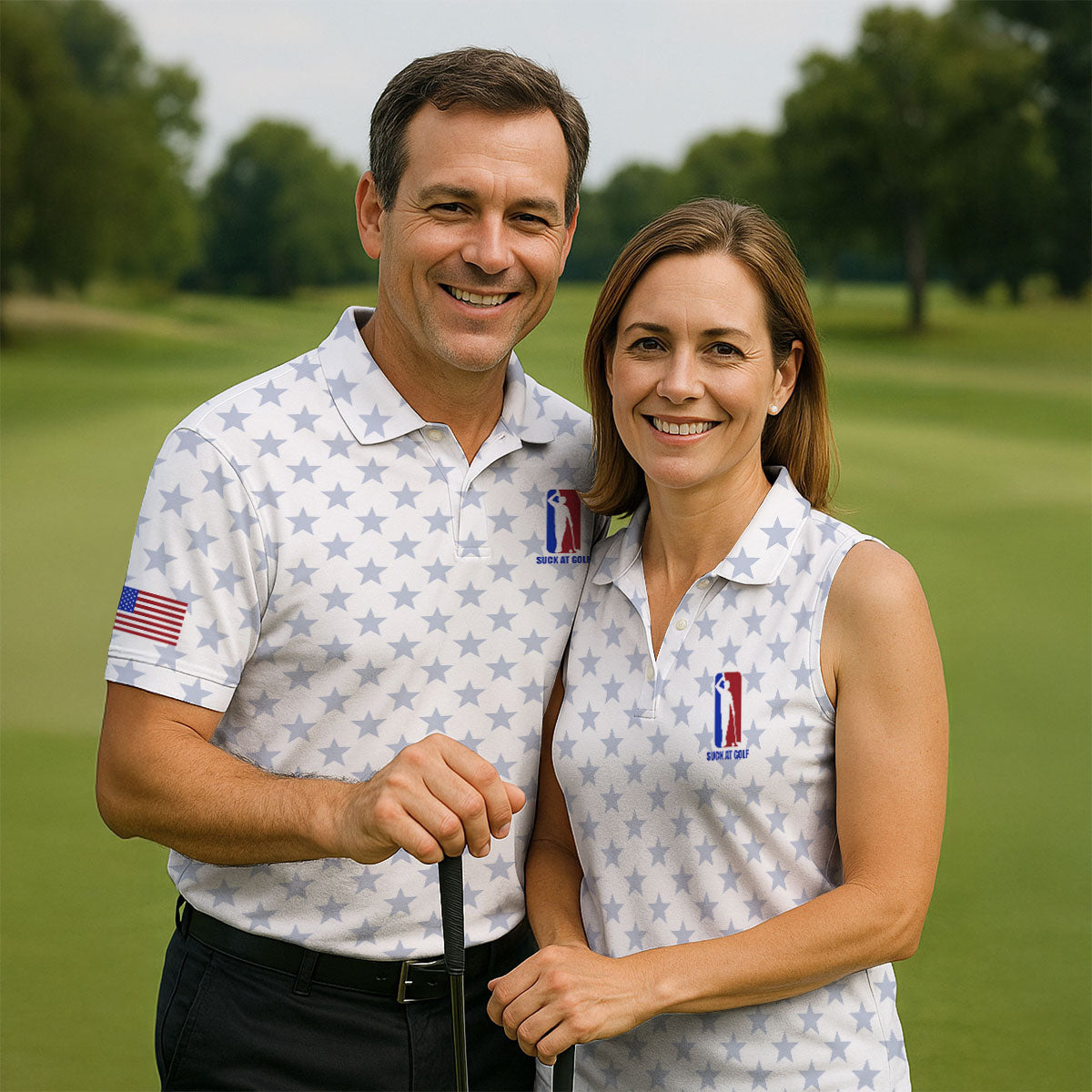 Suck At Golf Patriotic 4th Of July Stars Pattern White Golf Shirt, 250th Anniversary Golf Shirts For Men