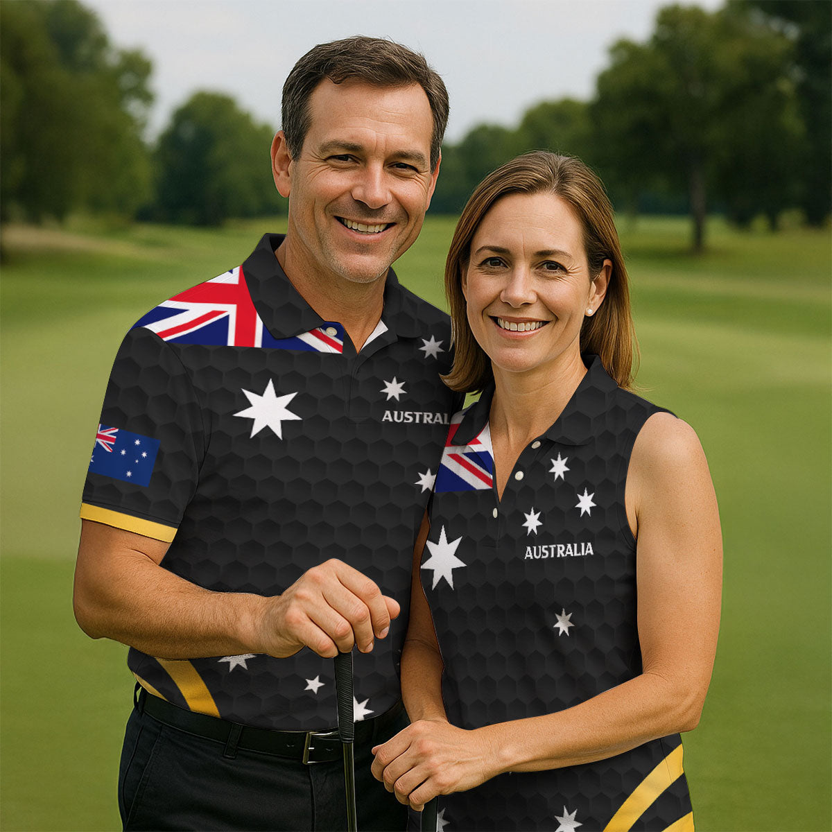 Australia Flag Print Golf Ball Pattern Black Golf Shirt, Australian Symbol Polo ShirtFor Men