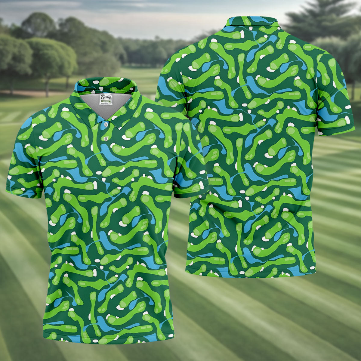 Golf Course Layout Golf Shirt, Fairway Water Hazard Pattern, Golf Shirt For Men