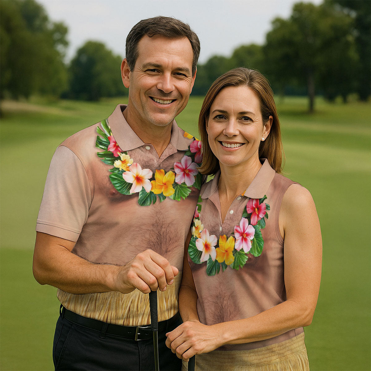 Floral Lei Tropical Theme Party Men's Funny Golf Shirts, Hawaiian Golf Shirt, Polo Shirtor Men
