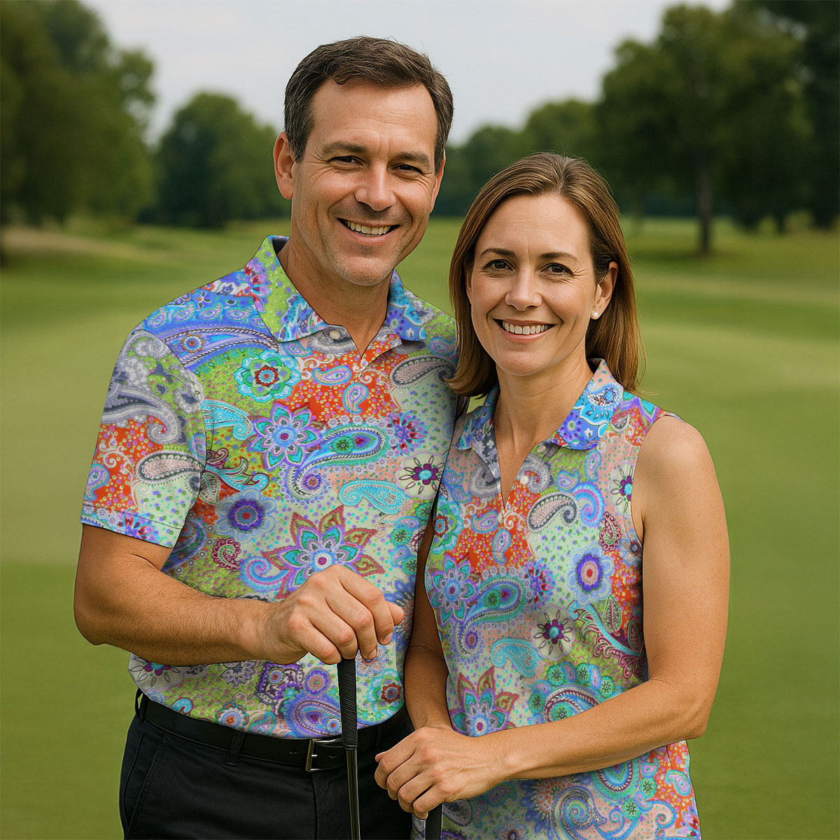Colorful Boho Paisley Floral Pattern Golf Polo, Women's Golf Tops, Printed Golf Shirt