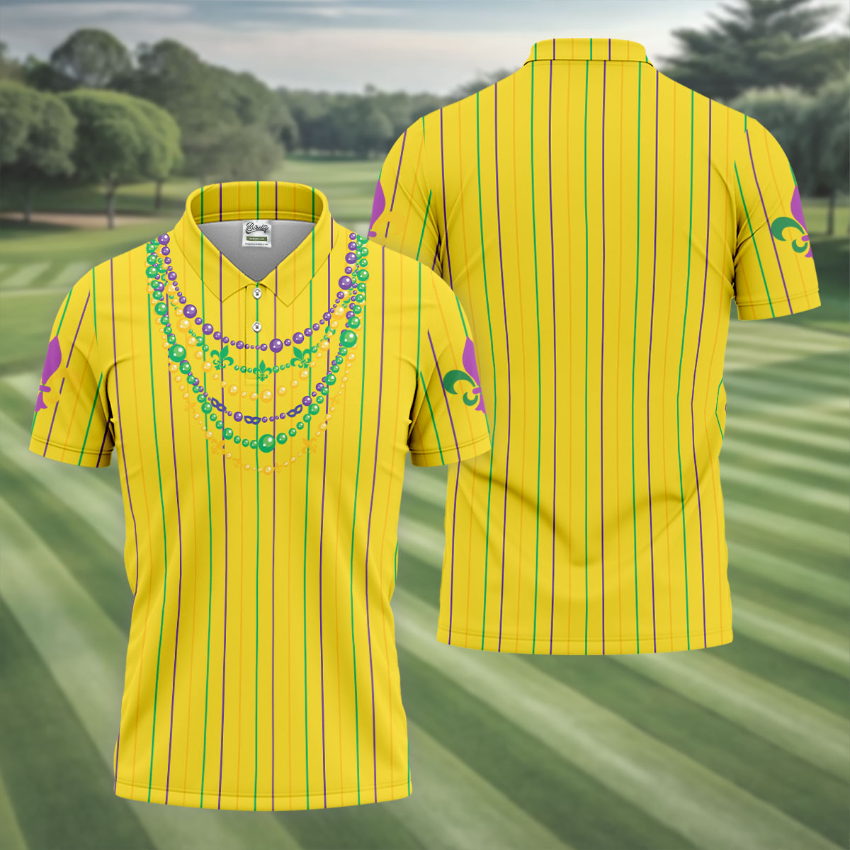 Mardi Gras Beads Necklaces Print Yellow Golf Shirt, Golf Tops For Men, Polo ShirtFor Men, Golf Shirts For Men