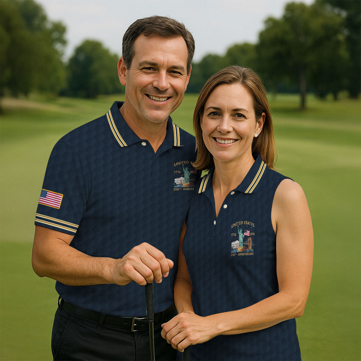 United States 250th Anniversary Golf Ball Pattern Navy Golf Shirt, 4th Of July Patriotic Golf Shirts For Men