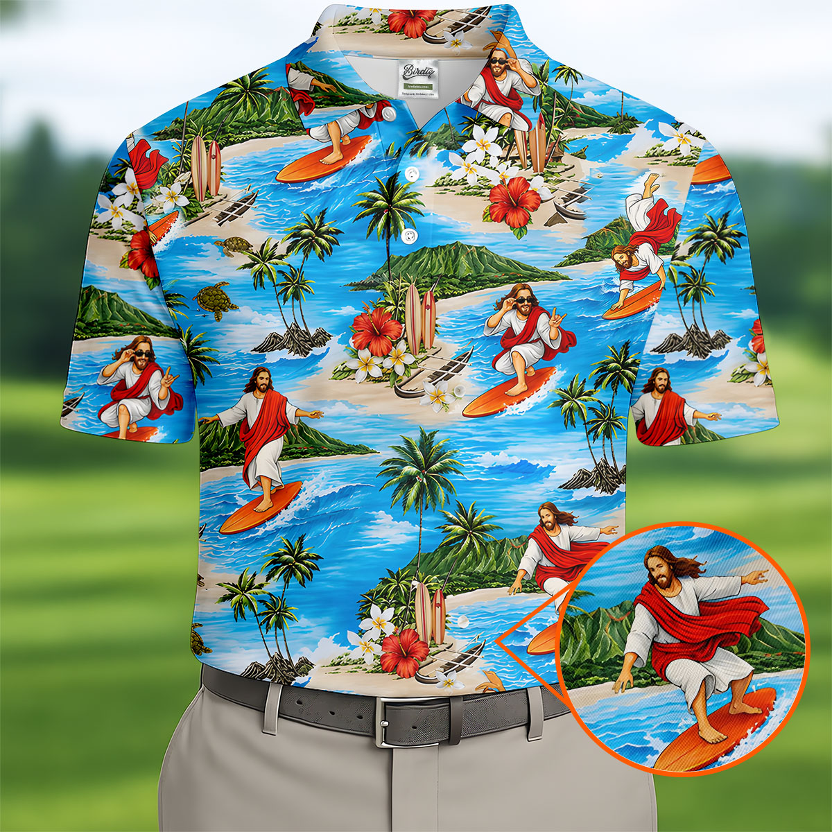 Funny Beach Surfer Jesus Hawaiian Golf Shirt, Mens Golf Polo, Printed Golf Shirts