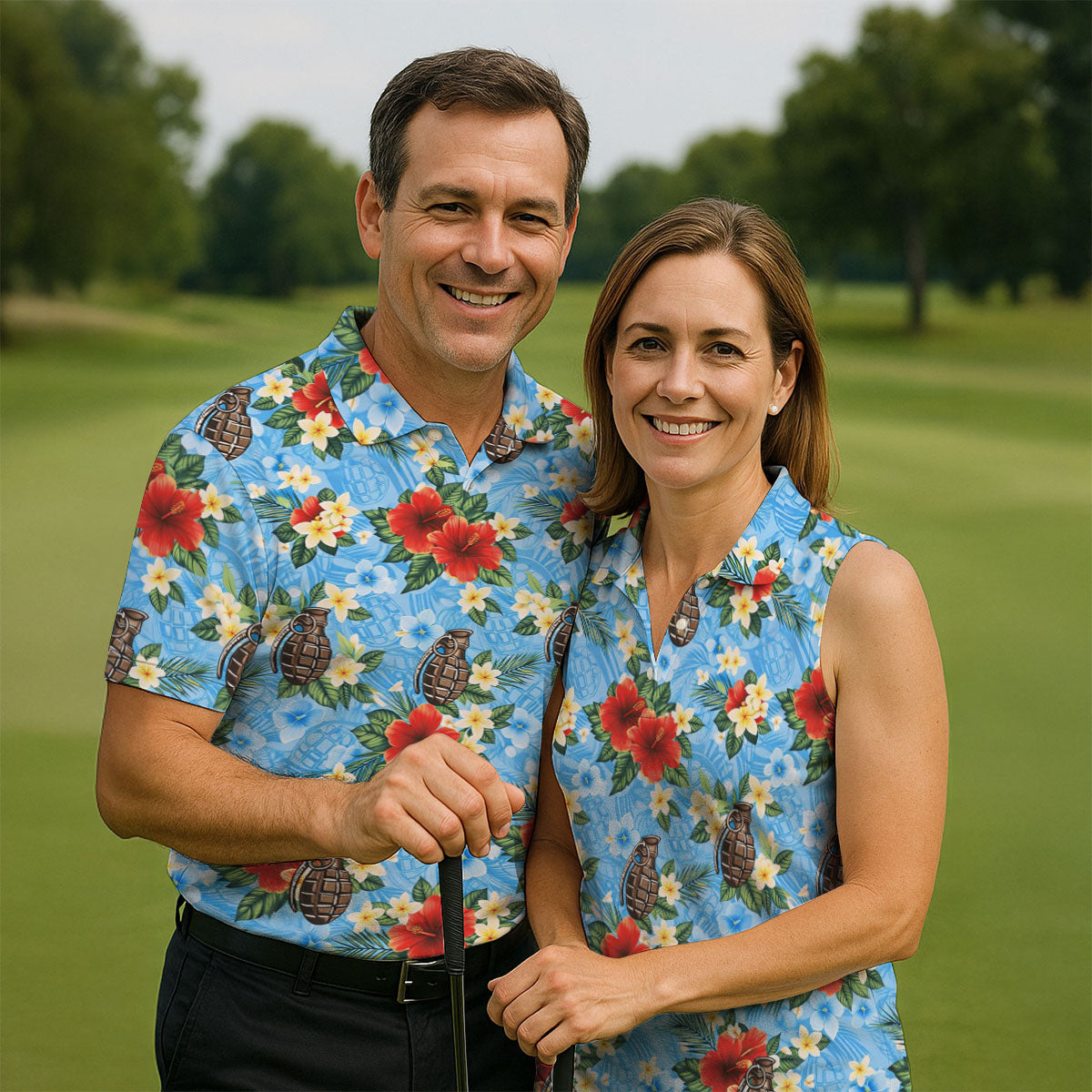 Floral Pattern Army Theme Hawaiian Blue Golf Shirt, Men's Golf Polo ShirtShirts For Men