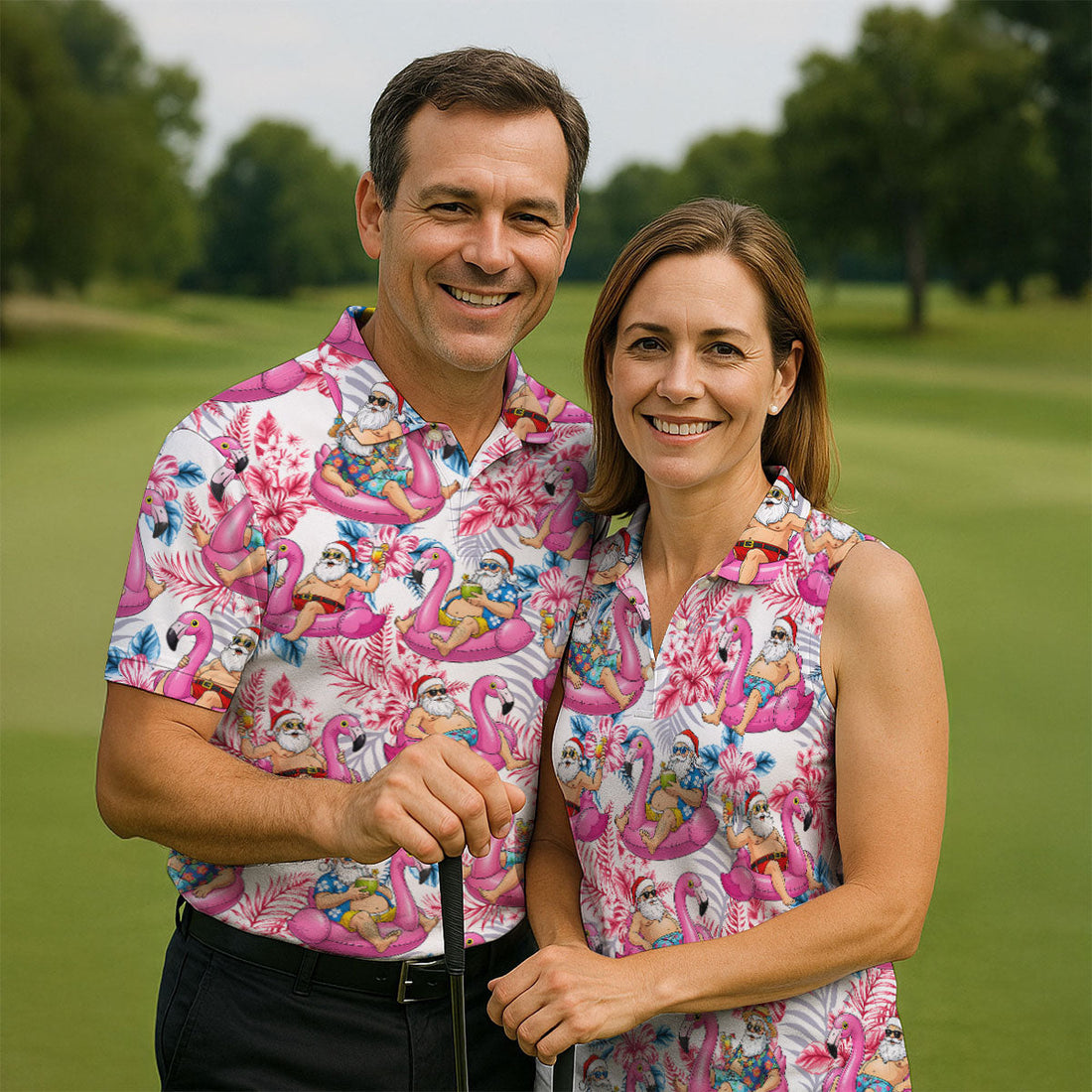 Santa Flamingo Float Tropical Christmas Golf Shirt, Christmas Hawaiian Shirt, Christmas Golf Shirt