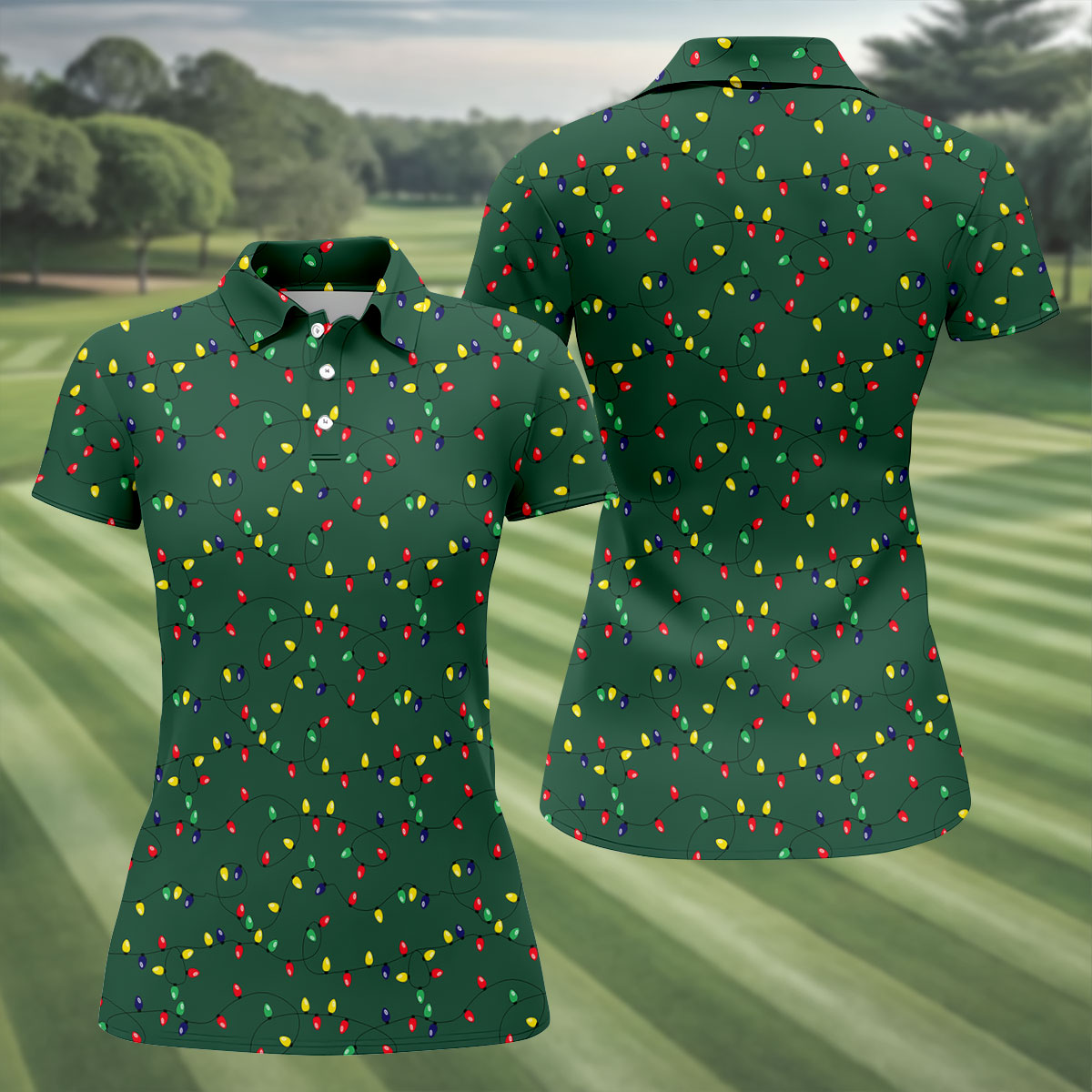 Christmas Colorful Lights Green Golf Shirt, Christmas Golf Shirt, Women's Golf Tops, Ladies Golf Shirts