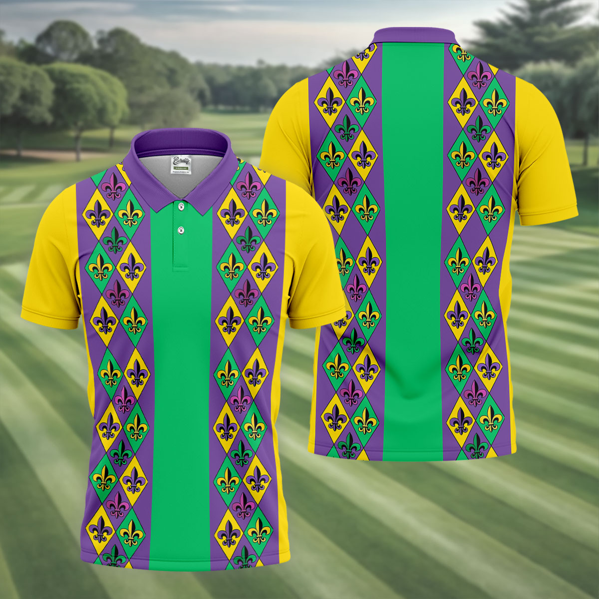 Purple Green Gold Fleur De Lis Argyle Pattern Mardi Gras Golf Shirt, Golf Shirts For Men, Polo ShirtFor Men