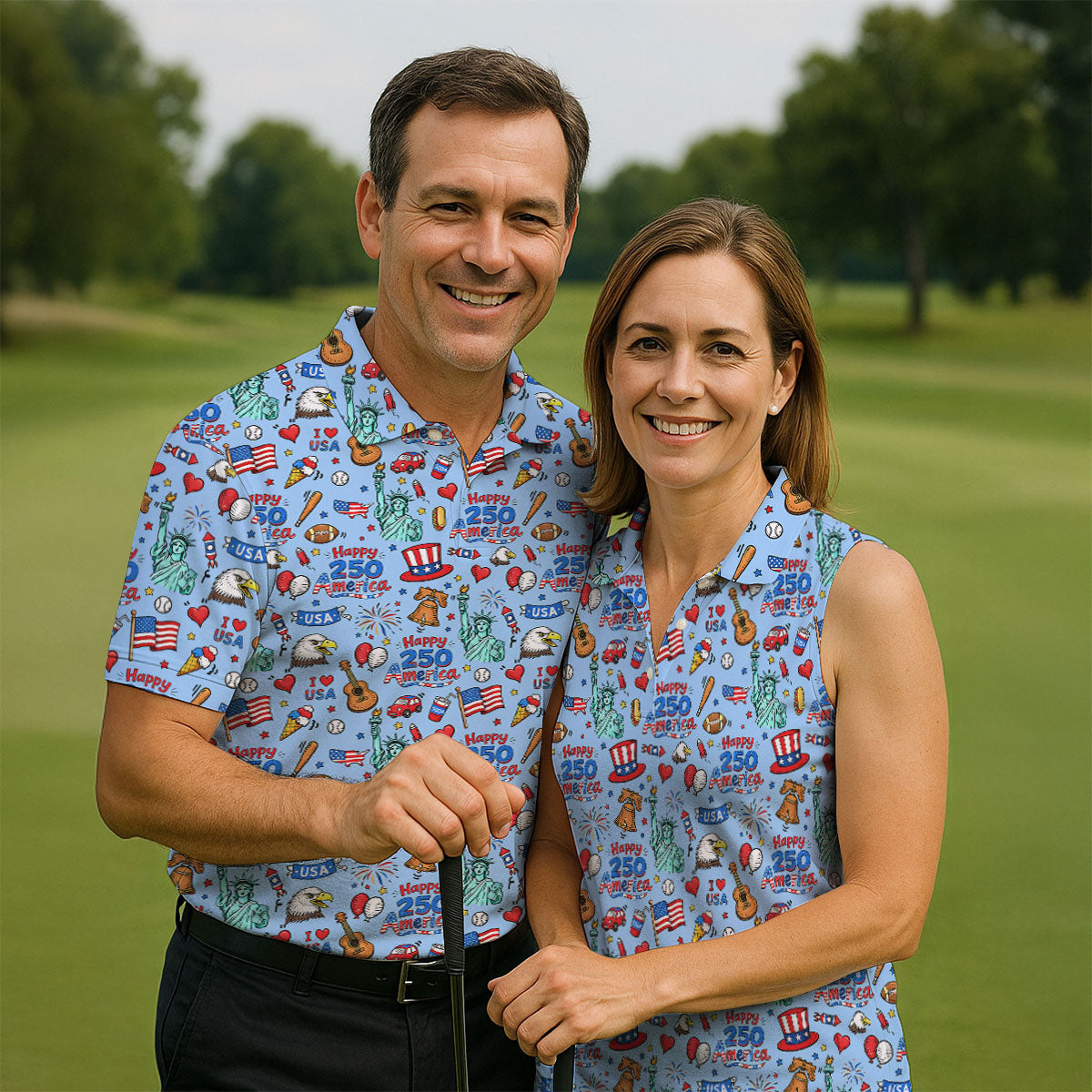 Happy 250 America Independence Celebration Blue Golf Shirt, Patriotic 4th Of July Golf Shirts For Men