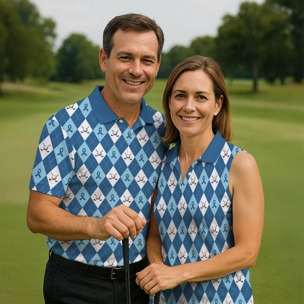 Prostate Cancer Blue And White Argyle Pattern Women's Golf Tops, Cancer Survivor Shirt, Cancer Awareness Shirt