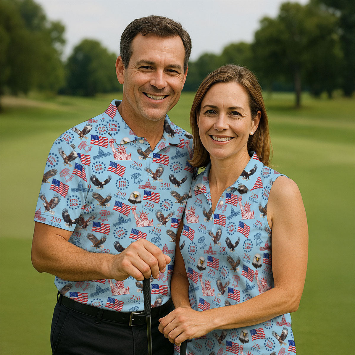 250 Years American Symbol Patriotic Pattern Blue Golf Shirt, 4th Of July Golf Shirt, Golf Shirts For Men