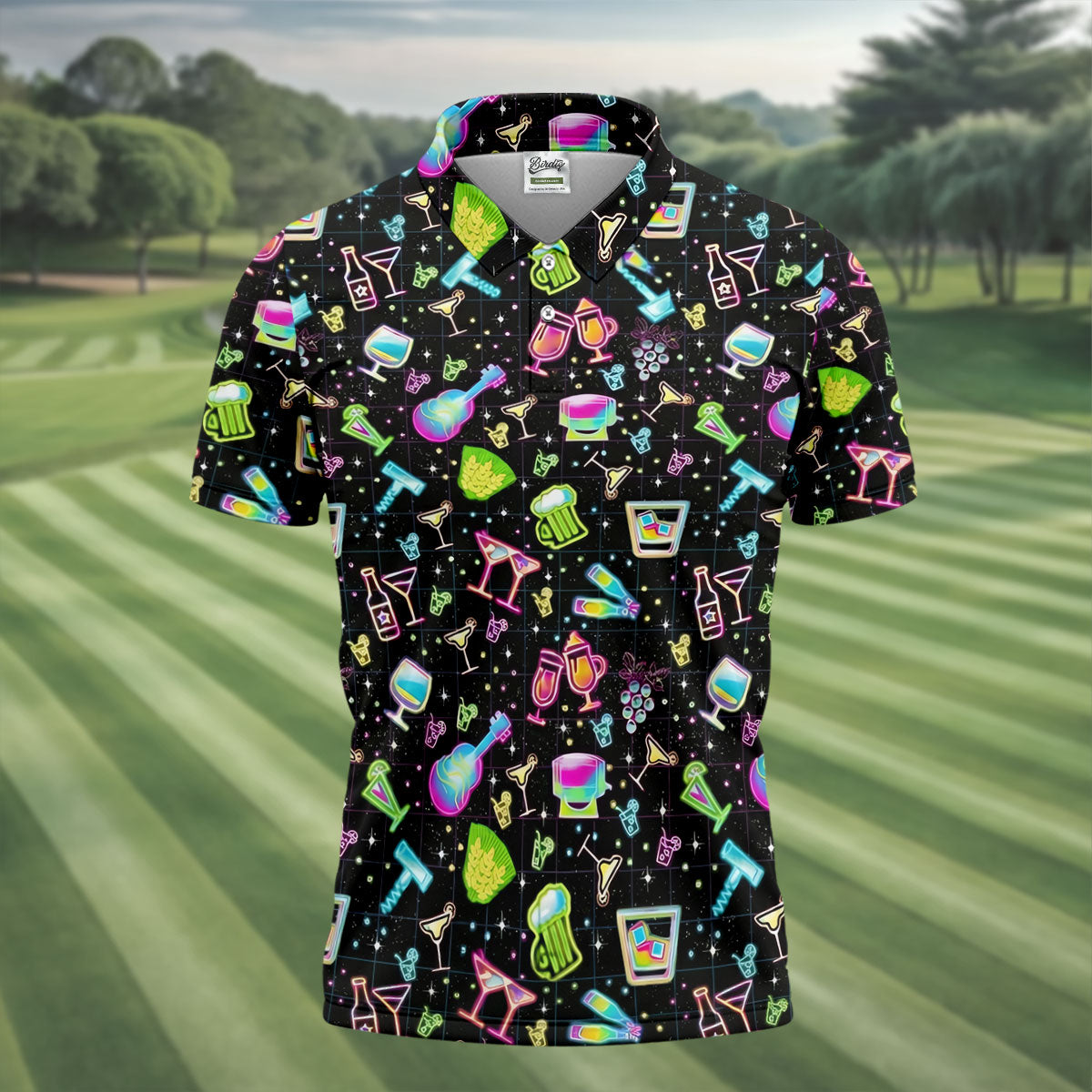 Neon Cocktail Party Pattern Design Hawaiian Golf Shirt, Golf Shirts For Men, Polo Shirts For Men
