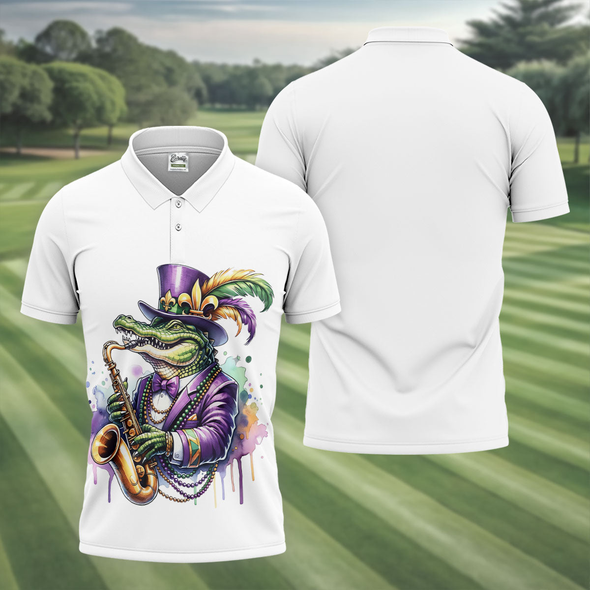 Mardi Gras Alligator Playing Saxophone White Golf Shirt, Golf Shirts For Men, Polo Shirt Men