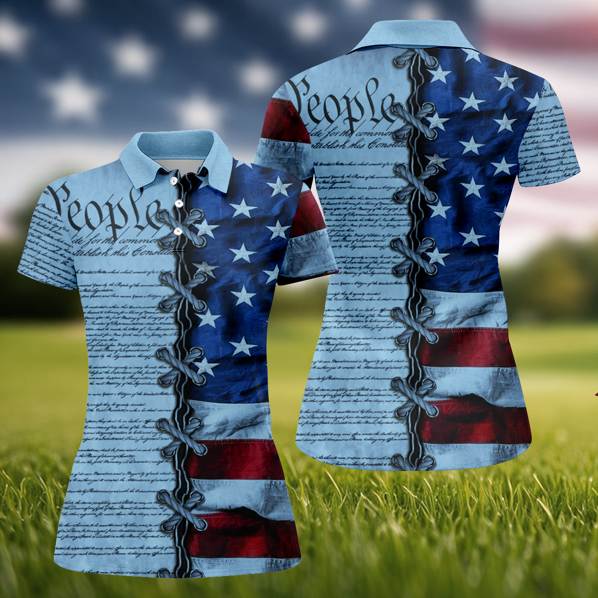 We The People Preamble Patriotic 4th Of July Blue Golf Shirt, 250th Anniversary Women's Golf Tops
