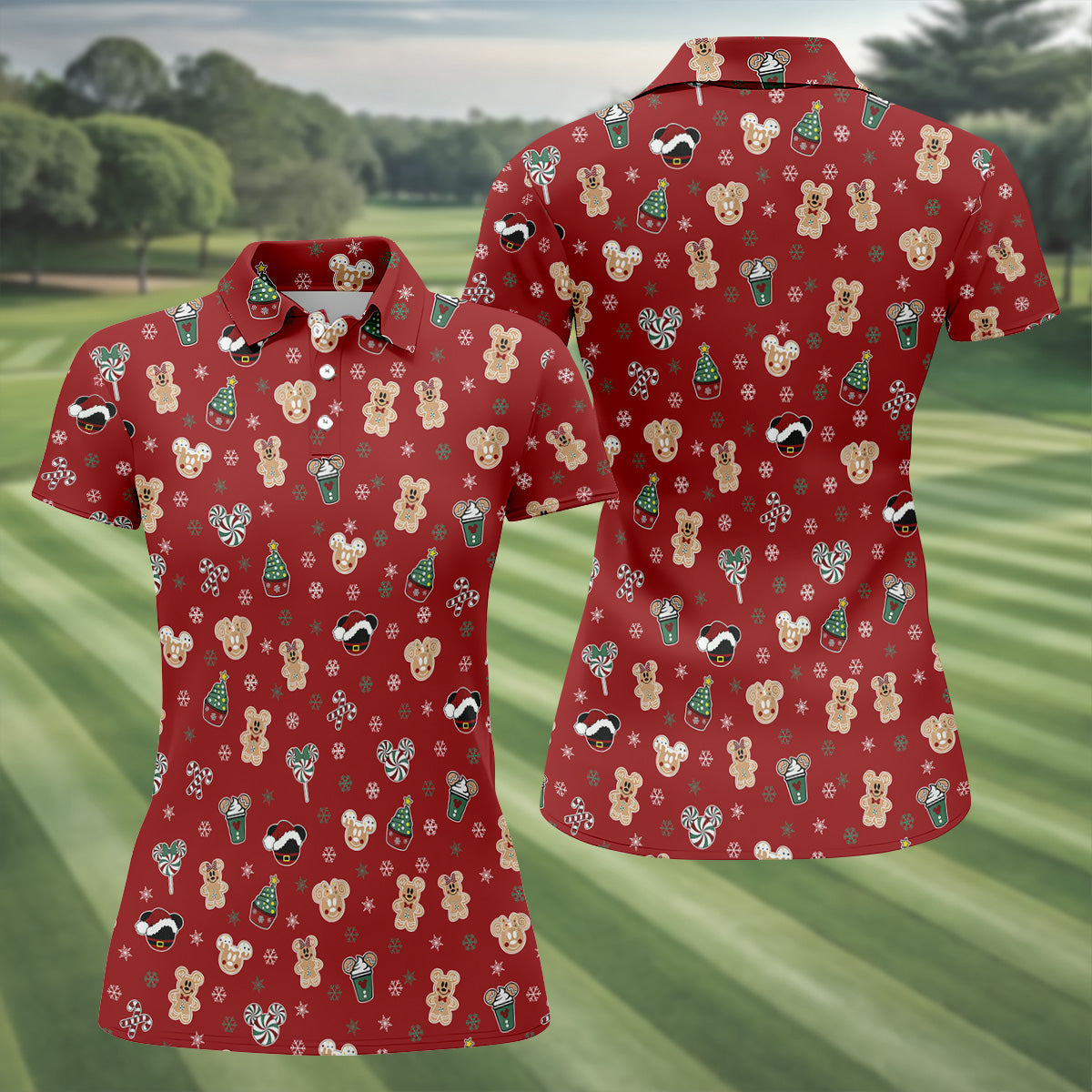 Christmas Gingerbread Red Golf Shirt, Holiday Pattern Christmas Golf Shirt, Women's Polo Shirt