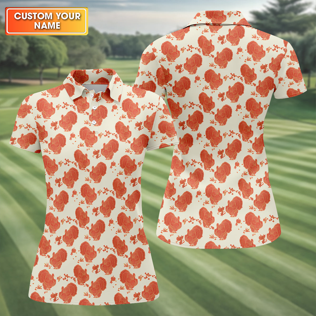 Turkey Pattern Beige And Orange Women's Golf Tops, Ladies Golf Polos, Thanksgiving Gift