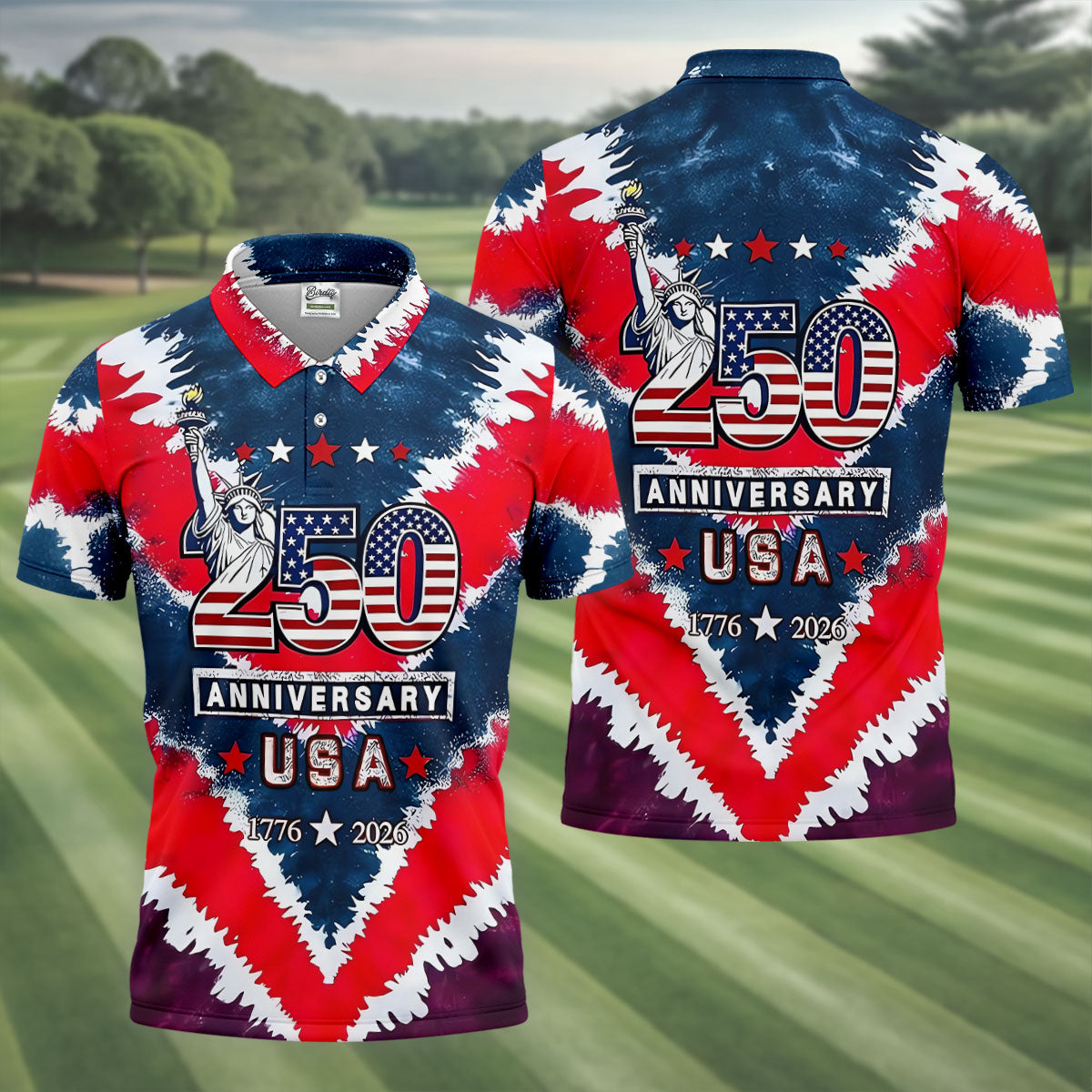 250th Anniversary Red White Blue Tie Dye Print Patriotic Golf Shirt, 4th Of July Golf Shirts For Men