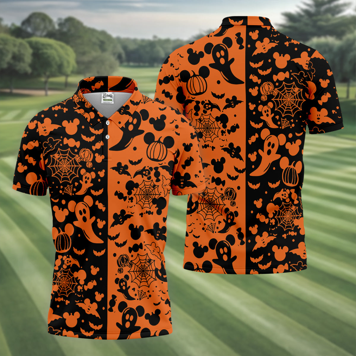 Cute Animated Ghost Black And Orange Halloween Golf Shirt, Fun Golf Shirts For Men, Polo ShirtFor Men
