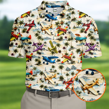 Vintage Airplane Hawaiian Golf Shirt, Tropical Aircraft Pattern, Polo Shirts For Men