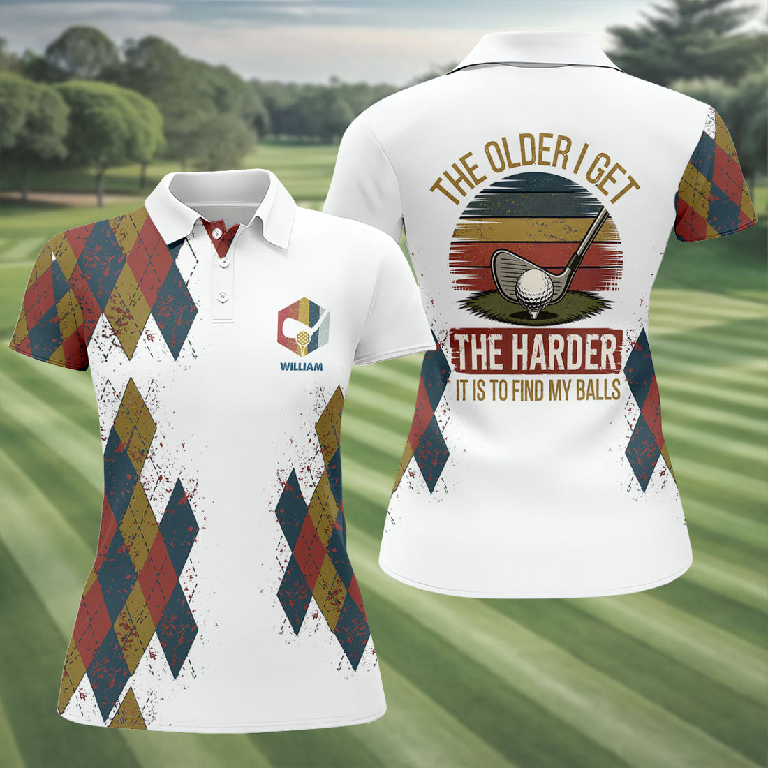 Personalized Vintage Argyle Golf Polo Shirt, Ladies Golf Shirts, Performance Golf Shirt