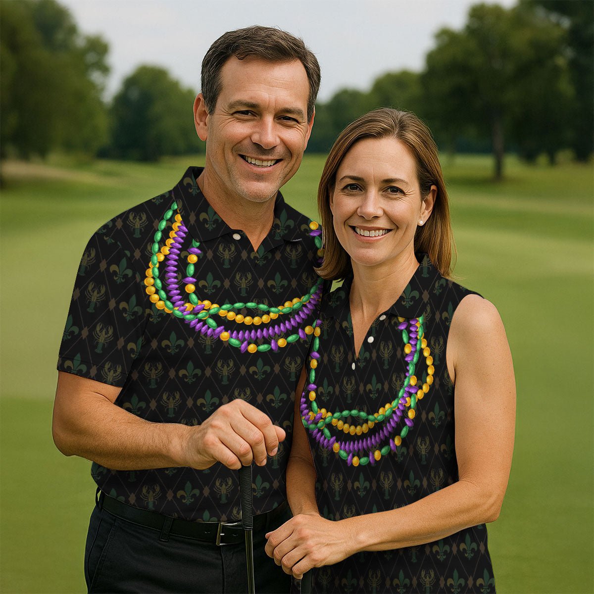 Mardi Gras Beads Chain Crawfish Fleur De Lis Black Golf Shirt, Polo ShirtFor Men, Golf Shirts For Men
