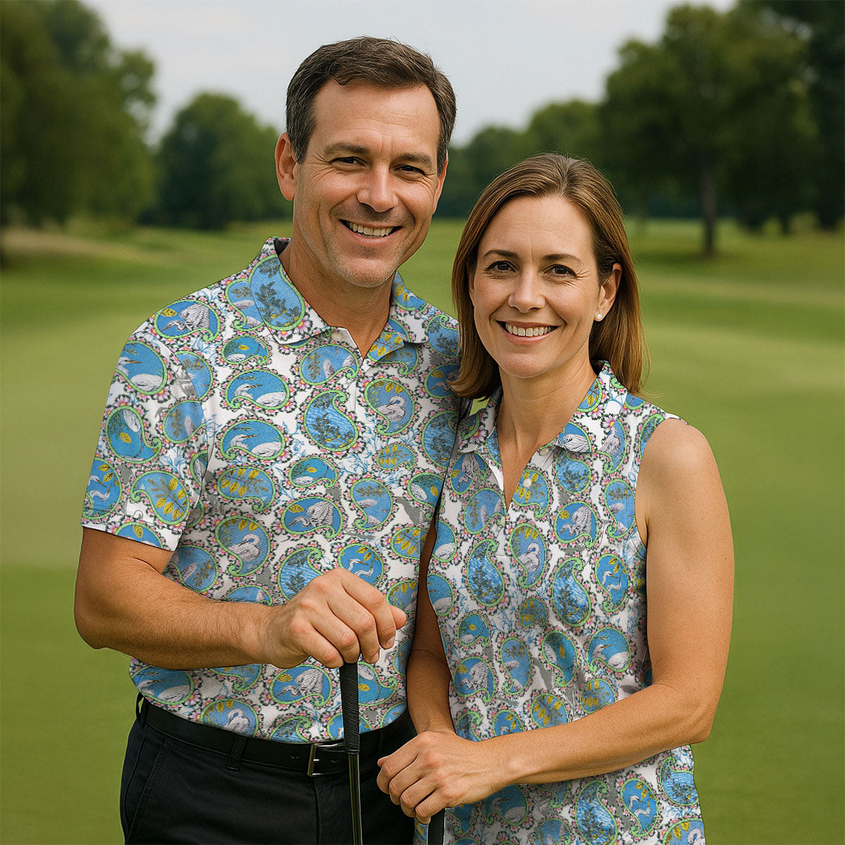 Paisley Flowers Heron Painting Print Golf Shirt, Polo Shirtor Men, Golf Shirts For Men