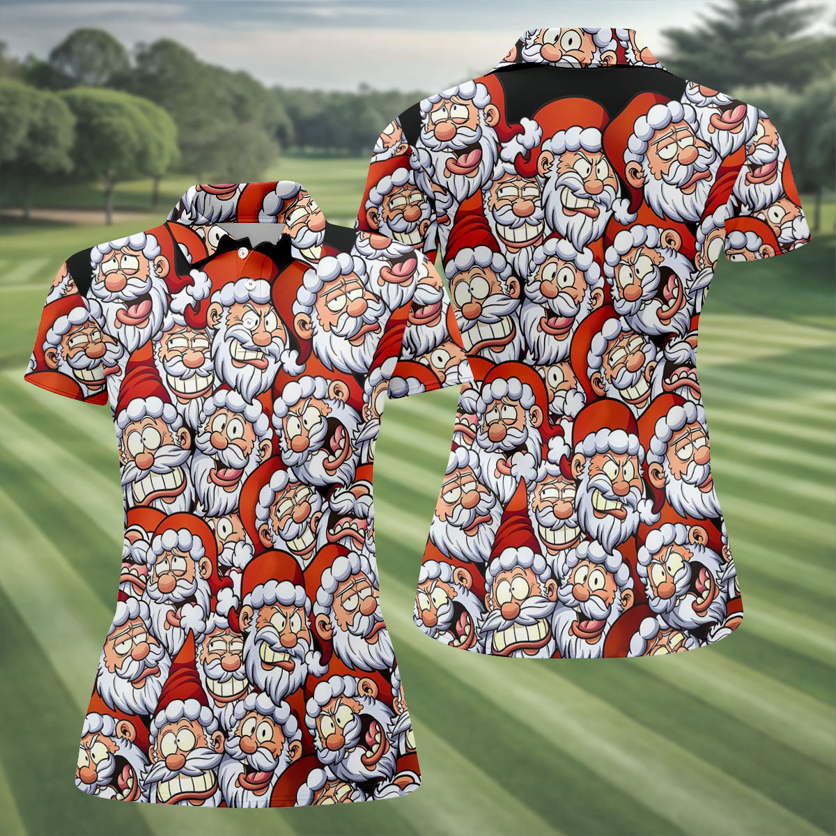 Santa Claus Face Fun Women's Golf Shirts, Cute Golf Outfit, Ladies Golf Shirts, Golfing Apparel