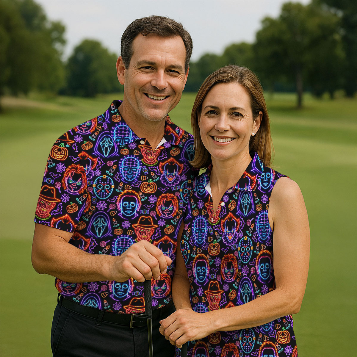 Neon Horror Character Movie Villain Pattern Golf Polo Shirt, Men's Golf Polo, Hawaiian Golf Shirt