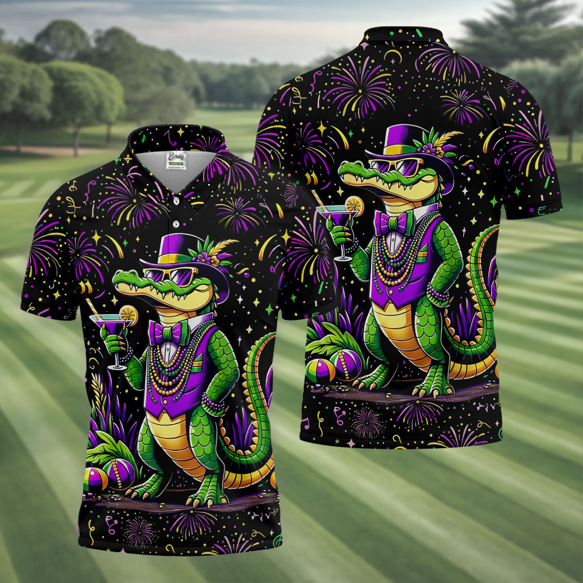 Mardi Gras Aligator Purple Green Gold Confetti Star Golf Tops For Men, Polo ShirtFor Men, Golf Shirts For Men