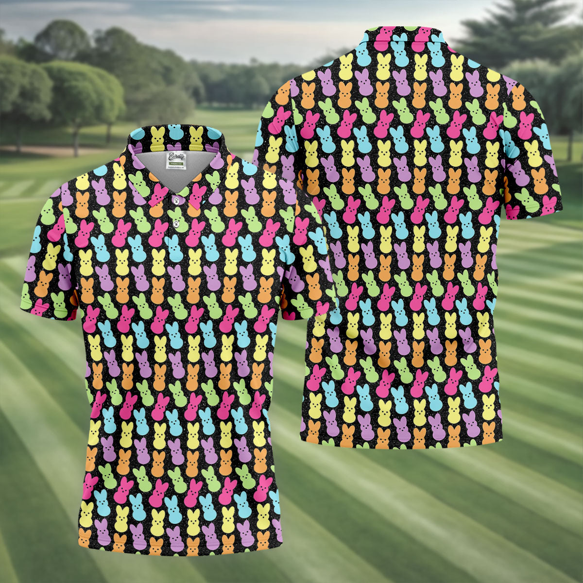 Colorful Easter Peeps Black Golf Shirt, Golf Shirts For Men, Cute Golf Outfit, Polo ShirtFor Men