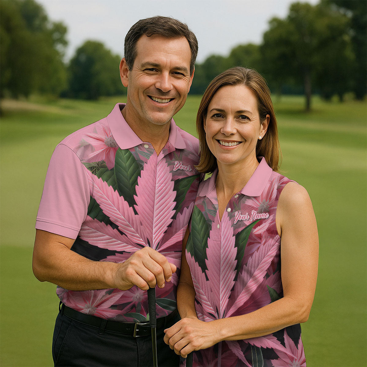 Pink Marijuana Leaf Men's Golf Shirt, Funny Weed Golf Shirt, Custom Mens Golf Shirt