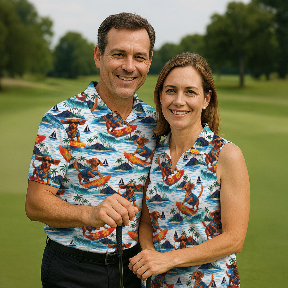 Funny Dachshund Surfing Beach Hawaiian Golf Shirt, Summer Vibe Golf Shirt For Women