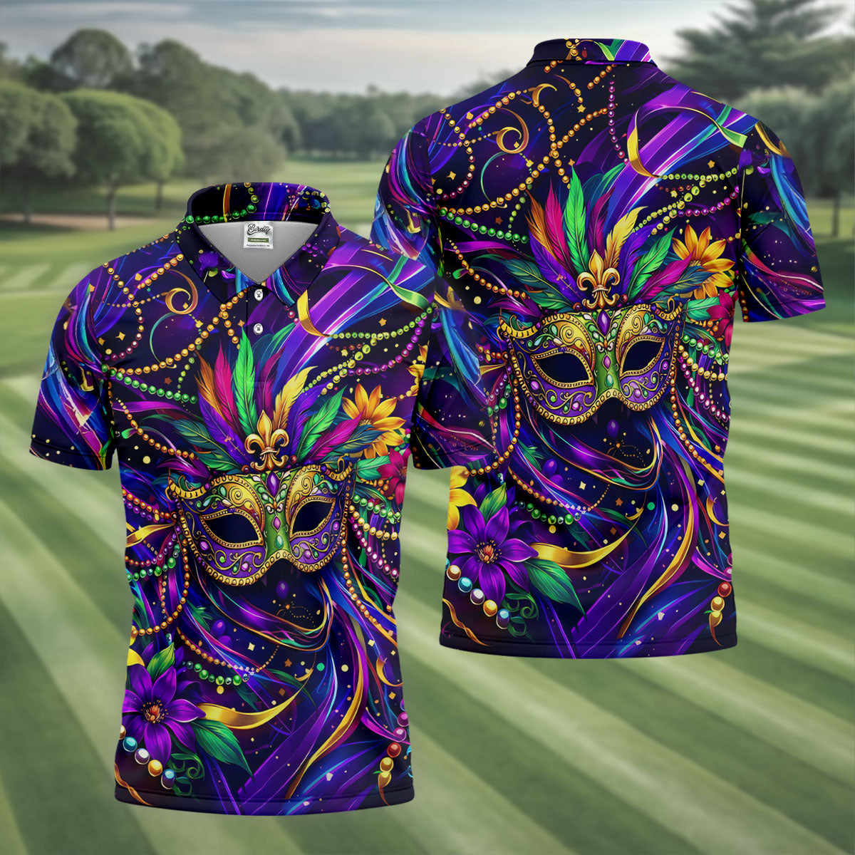 Mardi Gras Beads Ribbons Feather Masquerade Mask Print Golf Shirt, Golf Polo Shirtlf Tops For Men