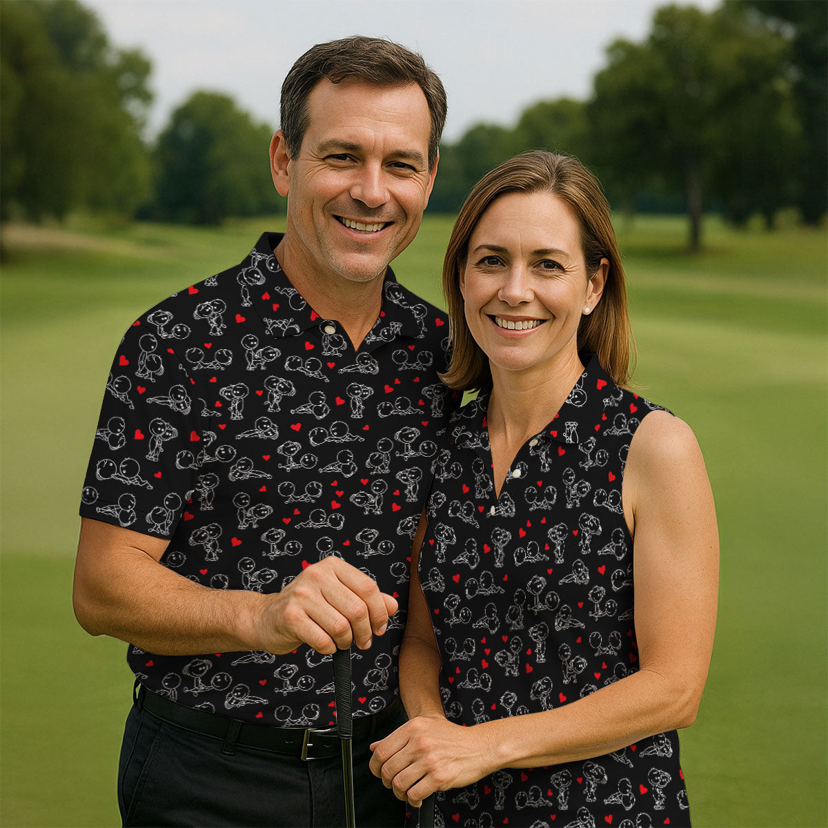 Naughty Position Stick Figure Couple Black Golf Shirt, Golfer Valentines Gift, Fun Golf Shirts For Men