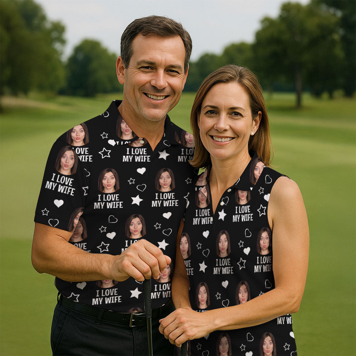 I Love My Husband Custom Face Black Golf Shirt, Fun Women's Golf Shirts, Valentines Golf Gift, Ladies Golf Shirts