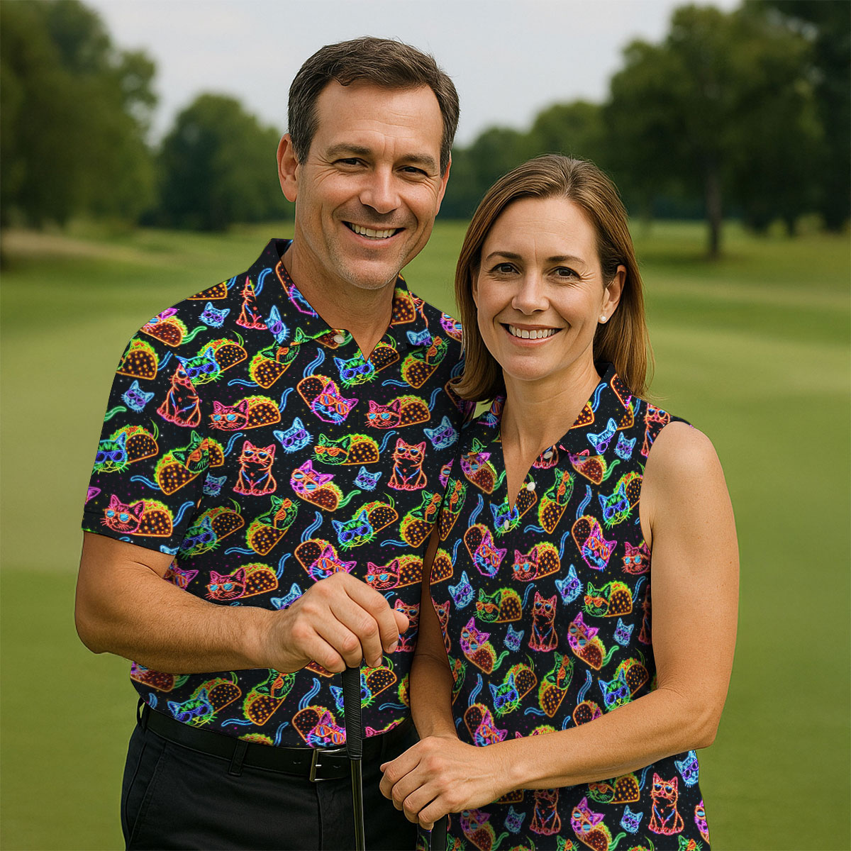 Neon Cats Tropical Vibe Golf Tops For Men, Cute Golf Outfit, Golf Shirts For Men, Polo ShirtFor Men